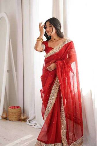 Red satin embroidered mirror work heavy look ethnic saree with blouse