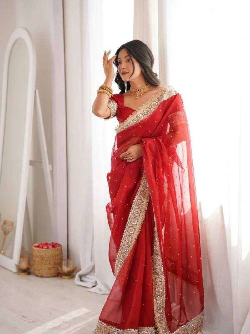 Red satin embroidered mirror work heavy look ethnic saree with blouse