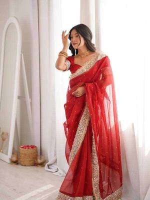 Red satin embroidered mirror work heavy look ethnic saree with blouse 1