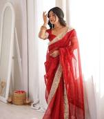 Red satin embroidered mirror work heavy look ethnic saree with blouse