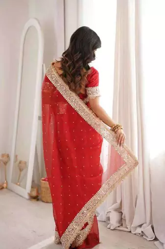 Red satin embroidered mirror work heavy look ethnic saree with blouse