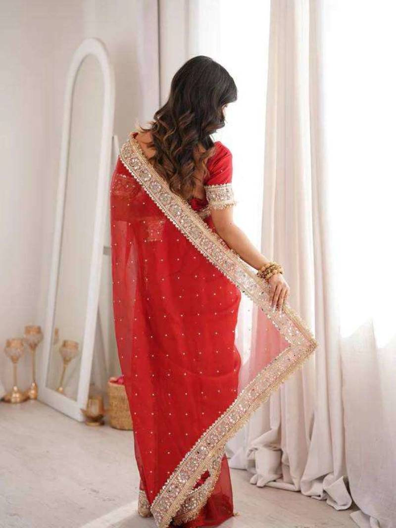 Red satin embroidered mirror work heavy look ethnic saree with blouse