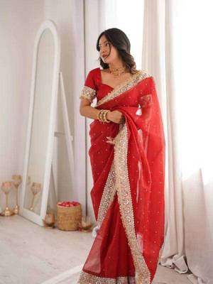 Red satin embroidered mirror work heavy look ethnic saree with blouse 3