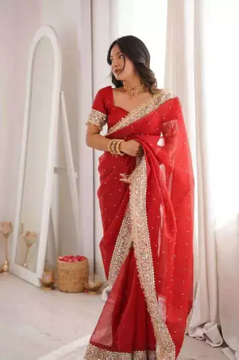 Red satin embroidered mirror work heavy look ethnic saree with blouse