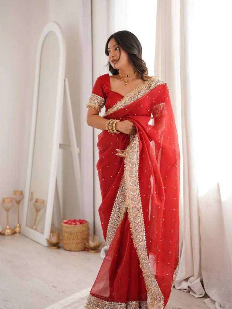 Red satin embroidered mirror work heavy look ethnic saree with blouse