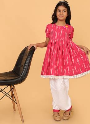 Pink hand embroidered cotton ikat tunic & pant set for girls 1