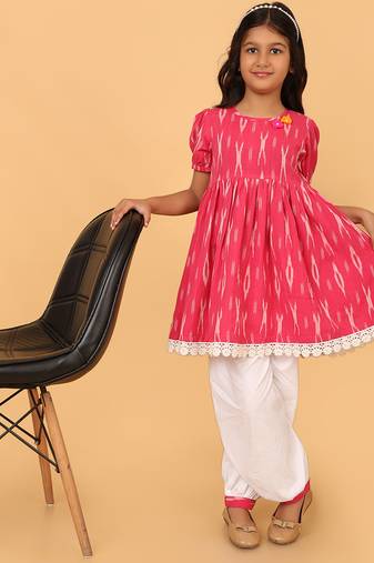 Pink hand embroidered cotton ikat tunic & pant set for girls