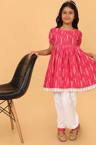 Pink hand embroidered cotton ikat tunic & pant set for girls