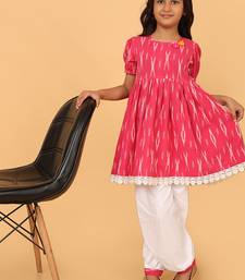Pink hand embroidered cotton ikat tunic & pant set for girls