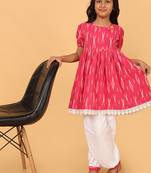 Pink hand embroidered cotton ikat tunic & pant set for girls