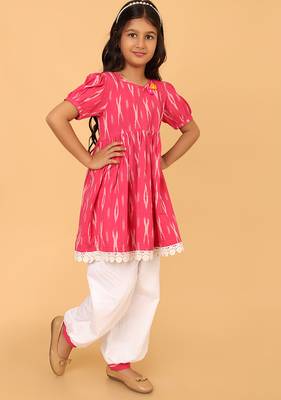 Pink hand embroidered cotton ikat tunic & pant set for girls 2