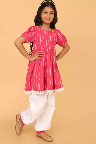 Pink hand embroidered cotton ikat tunic & pant set for girls