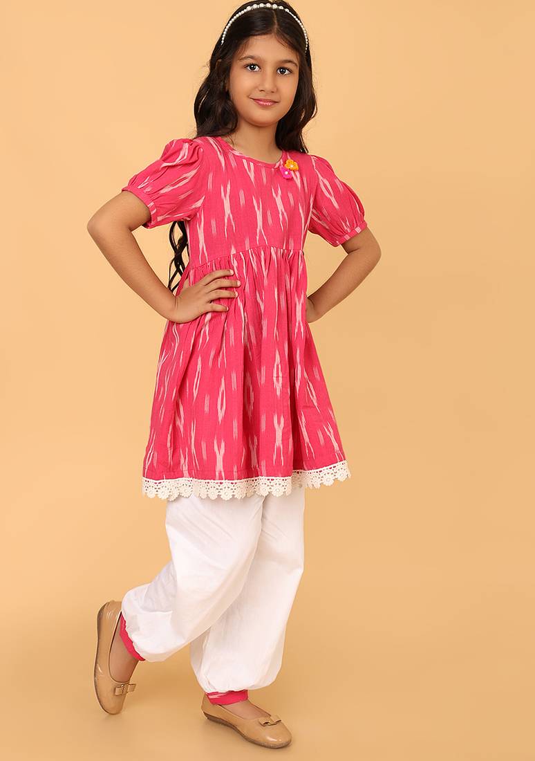 Pink hand embroidered cotton ikat tunic & pant set for girls