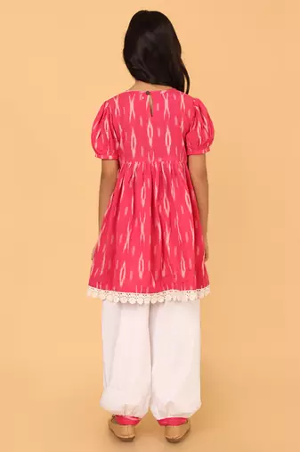 Pink hand embroidered cotton ikat tunic & pant set for girls