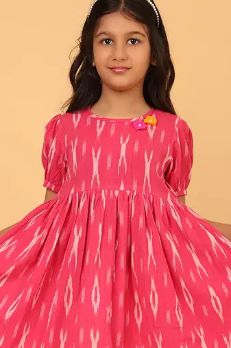 Pink hand embroidered cotton ikat tunic & pant set for girls