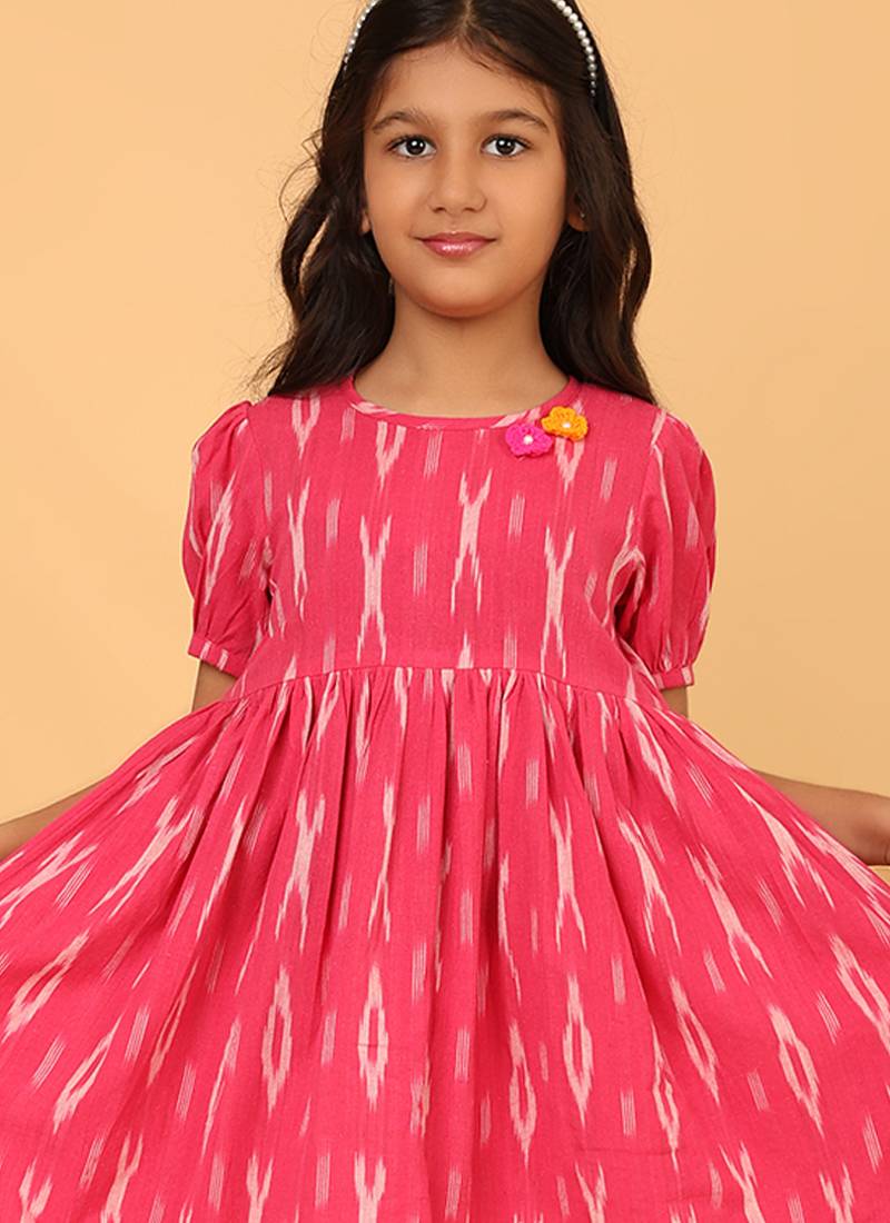 Pink hand embroidered cotton ikat tunic & pant set for girls