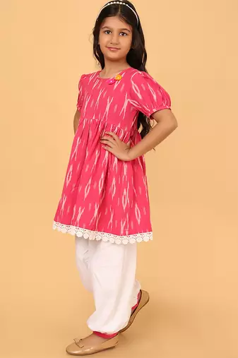 Pink hand embroidered cotton ikat tunic & pant set for girls