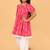 Pink hand embroidered cotton ikat tunic & pant set for girls