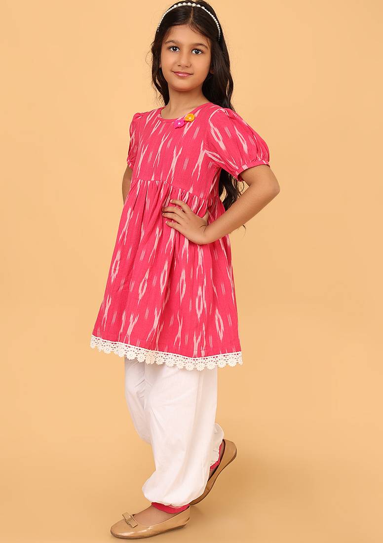 Pink hand embroidered cotton ikat tunic & pant set for girls