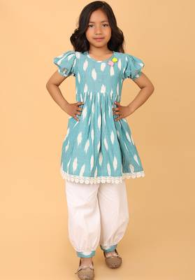 Blue hand embroidered cotton ikat tunic & pant set for girls 1