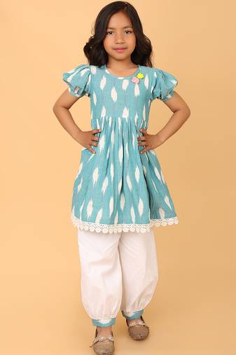 Blue hand embroidered cotton ikat tunic & pant set for girls
