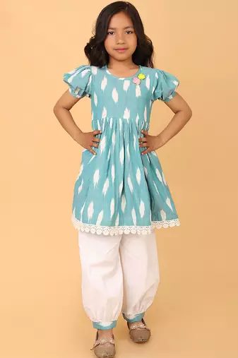 Blue hand embroidered cotton ikat tunic & pant set for girls