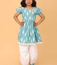 Blue hand embroidered cotton ikat tunic & pant set for girls