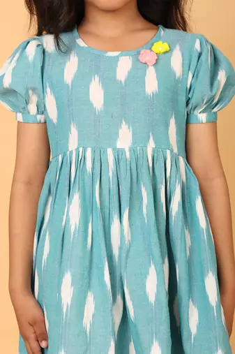 Blue hand embroidered cotton ikat tunic & pant set for girls