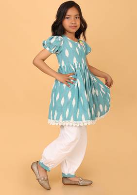 Blue hand embroidered cotton ikat tunic & pant set for girls 3
