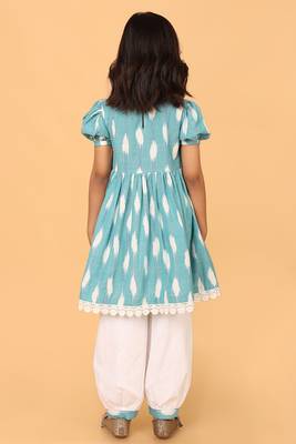 Blue hand embroidered cotton ikat tunic & pant set for girls 4