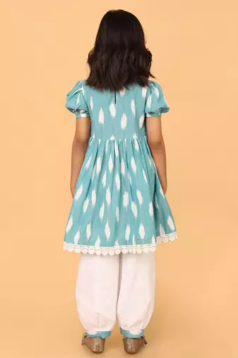 Blue hand embroidered cotton ikat tunic & pant set for girls