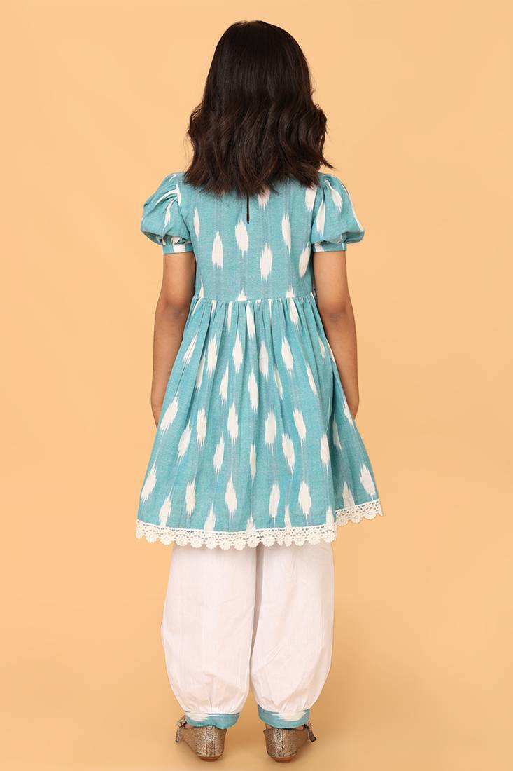 Blue hand embroidered cotton ikat tunic & pant set for girls
