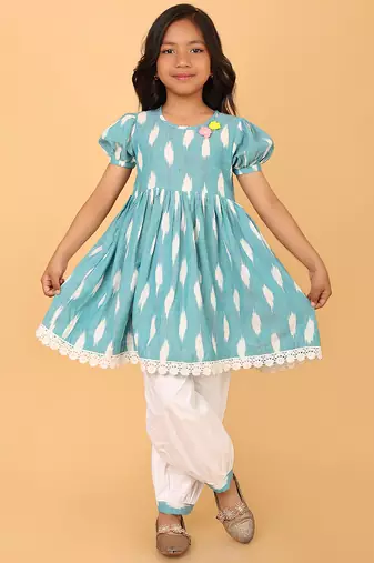 Blue hand embroidered cotton ikat tunic & pant set for girls