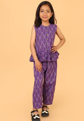 Purple cotton ikat peplum top & pant co-ord set for girls 1