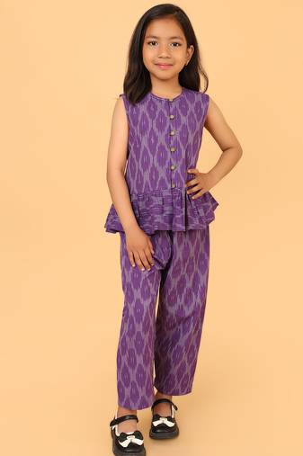 Purple cotton ikat peplum top & pant co-ord set for girls