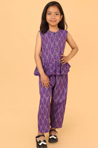 Purple cotton ikat peplum top & pant co-ord set for girls