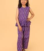 Purple cotton ikat peplum top & pant co-ord set for girls