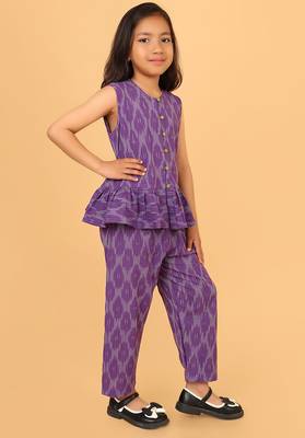 Purple cotton ikat peplum top & pant co-ord set for girls 2