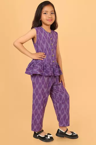 Purple cotton ikat peplum top & pant co-ord set for girls