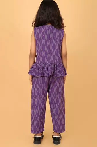 Purple cotton ikat peplum top & pant co-ord set for girls