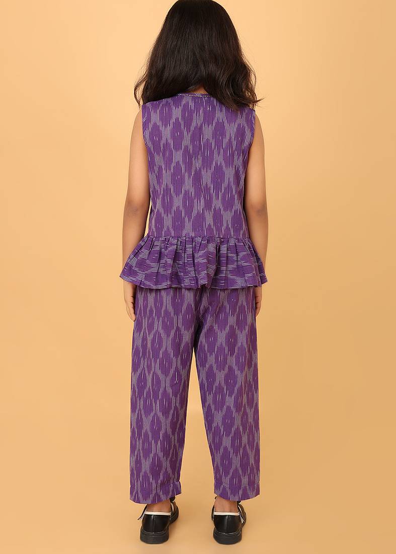 Purple cotton ikat peplum top & pant co-ord set for girls