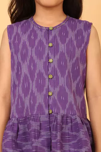 Purple cotton ikat peplum top & pant co-ord set for girls
