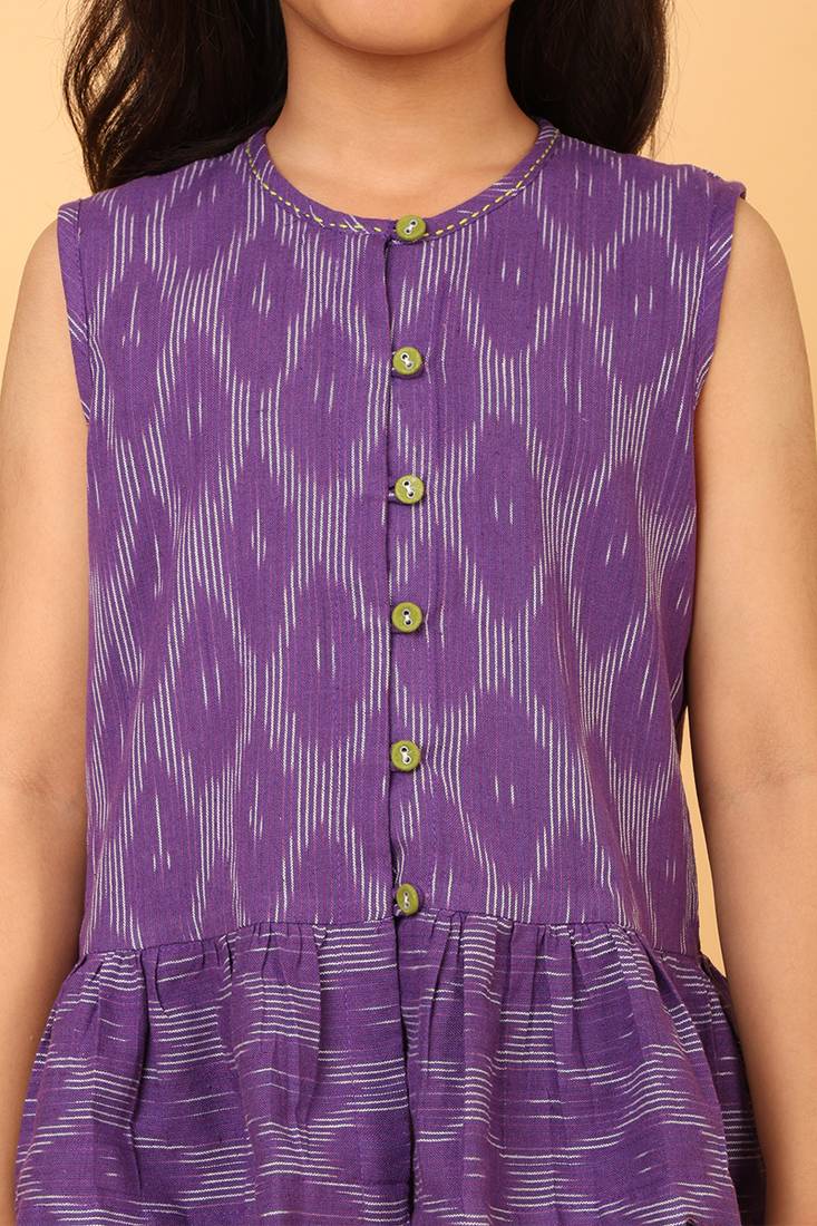 Purple cotton ikat peplum top & pant co-ord set for girls