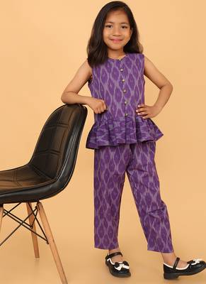 Purple cotton ikat peplum top & pant co-ord set for girls 5
