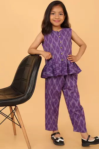 Purple cotton ikat peplum top & pant co-ord set for girls