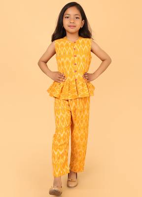 Yellow cotton ikat peplum top & pant co-ord set for girls 1