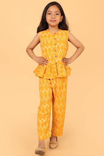 Yellow cotton ikat peplum top & pant co-ord set for girls