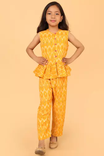 Yellow cotton ikat peplum top & pant co-ord set for girls