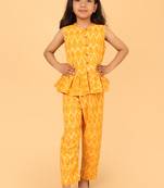 Yellow cotton ikat peplum top & pant co-ord set for girls