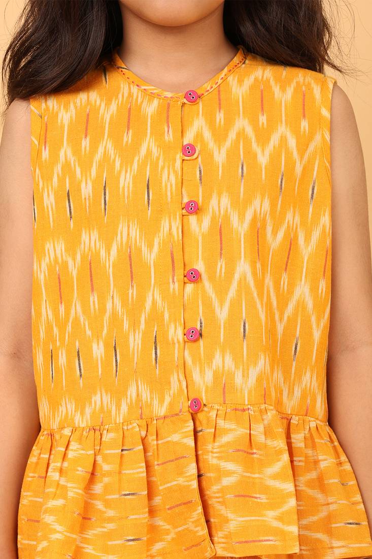 Yellow cotton ikat peplum top & pant co-ord set for girls